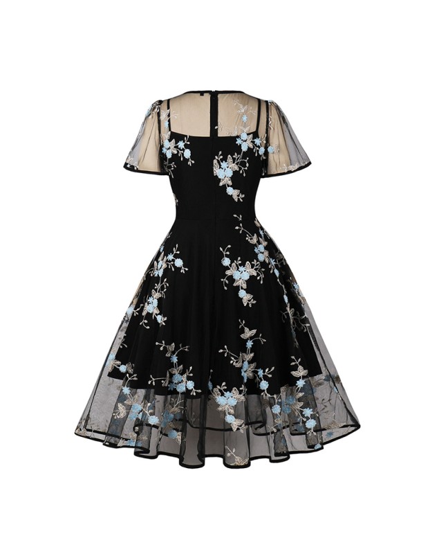 Mesh Patchwork Flying Sleeve Style Swing Mid Length Vintage Dress 5061