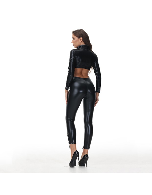 Two Pieces Strap Set Slim Cut Tights Long Sleeve Patent Leather Stage Costumes XX1126