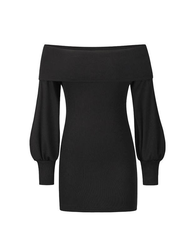 Sexy Bag Hip Black Strapless Lantern Long Sleeve Mini Ribbed Dress LQ171