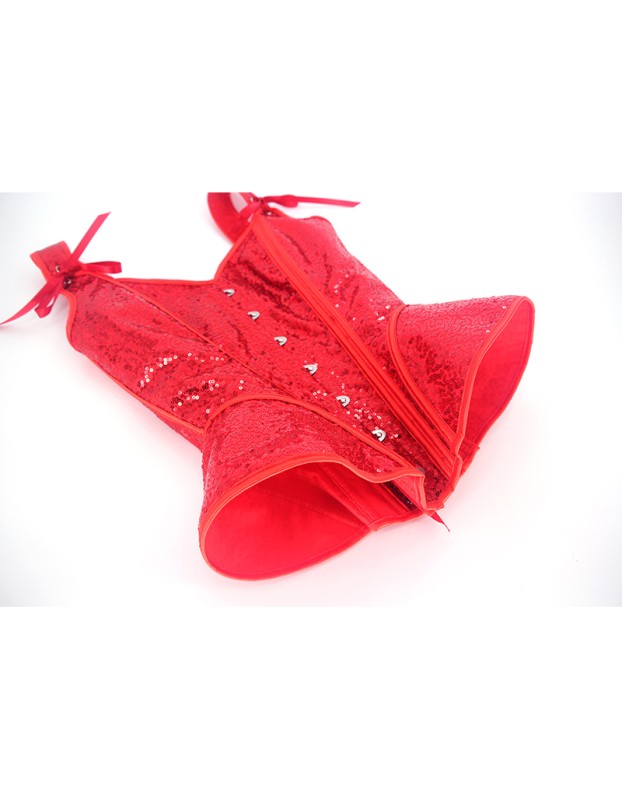 Women Red Sexy Sequin Overbust Corset Tops with Shoulder Straps WK2382