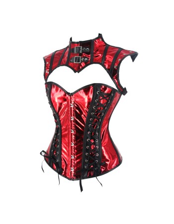 Retro Shiny Metallic Faux Leather Corset Set Women Overbust Bustier Femme Punk Clothing WK2304b