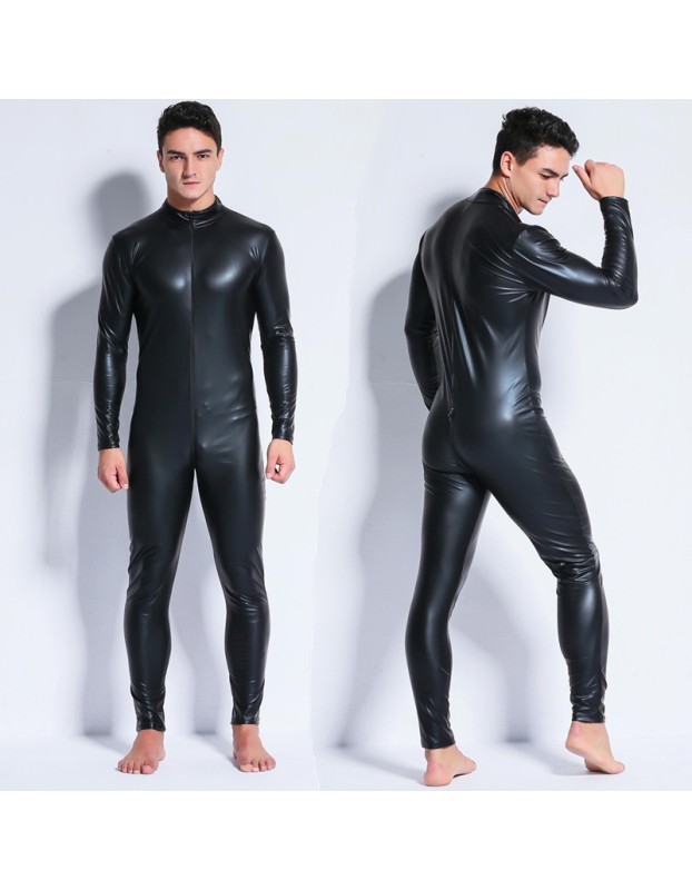 Men's Sexy Wetlook Faux Leather One Piece Skin Bodysuit Open Crotch Tights Catsuit Zentai M6721