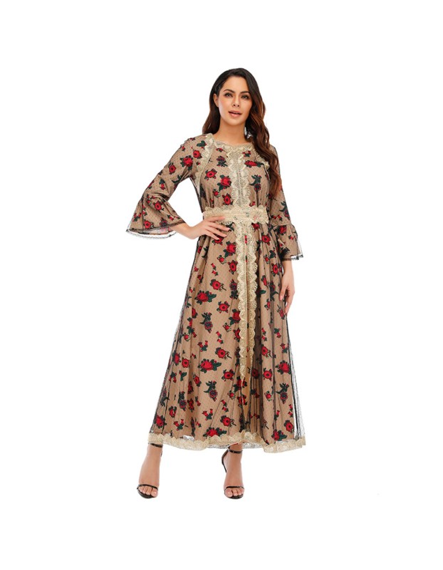 African Design Print Mesh Muslim Clothing Elegant Floral Women Party Dress 21275