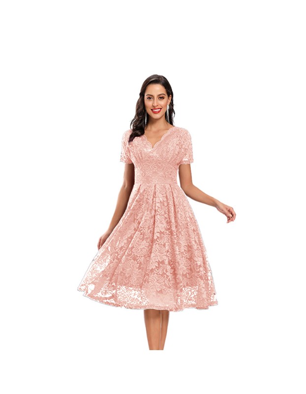 V-neck Midlength Lace Wedding Party With A Full Swing Dinner Dress CD1784