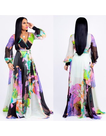 Summer Women Floral Print Casual Chiffon Maxi Dress M8266