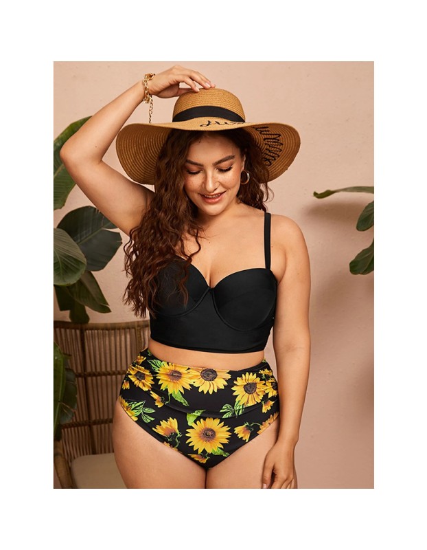 Solid Color Bikini Sexy High Waist Strap Swimsuit Plus Size Swimwear 491