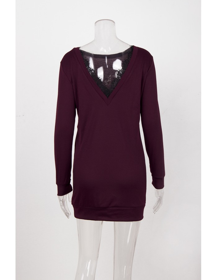 Women Long Sleeve Backless V Neck Lace Patchwork Sweater Dress M30413