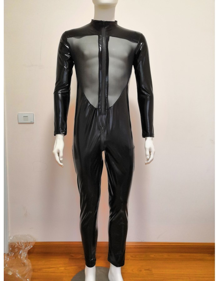 Men's Sexy Mesh Patchwork PVC Leather Bodysuit N972