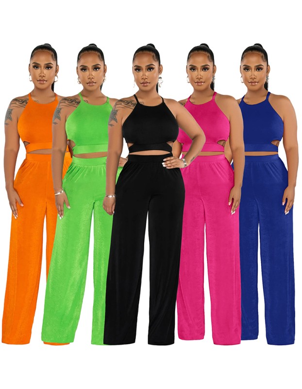 Women's Halter Cross-Strap Solid Color Wide-Leg Pants Two Piece Set 9428