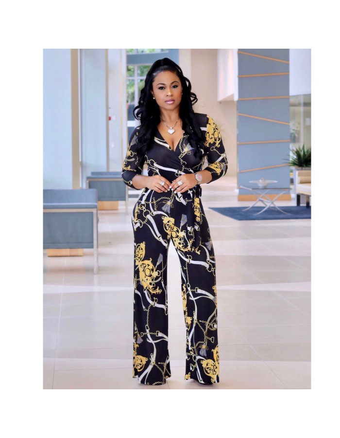 Women fashion three-quarter sleeve sexy v neck print jumpsuit M8228