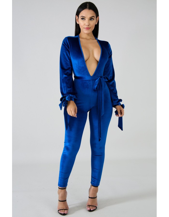 Sexy Jumpsuit Bandage V-neck long-sleeve Velvet sexy backless jumpsuit M8290