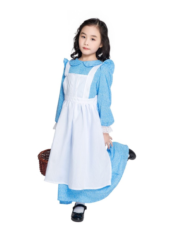 British colonial farm dress girls costume children blue dot dress cosplayM40648