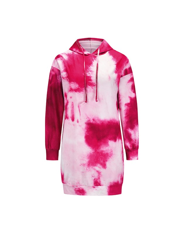 Mid-Length Pullover O-Neck Casual Tie Dye Printed Sweater Hoodie Dress LQ155