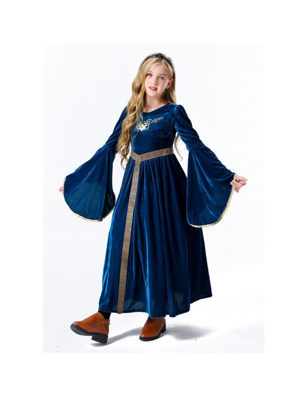 Vintage Court Aristocratic Ball Suede Trumpet Sleeve Girl Dress Drama Clothing YM5605