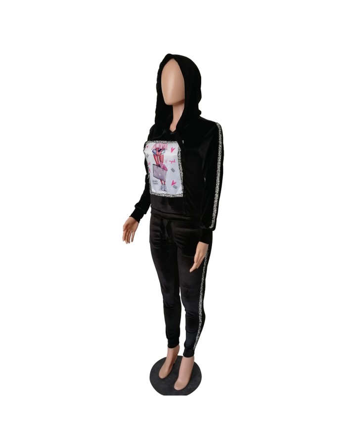 Women Autumn Long Sleeve Thick Velvet Hooded Two Piece Set M8482