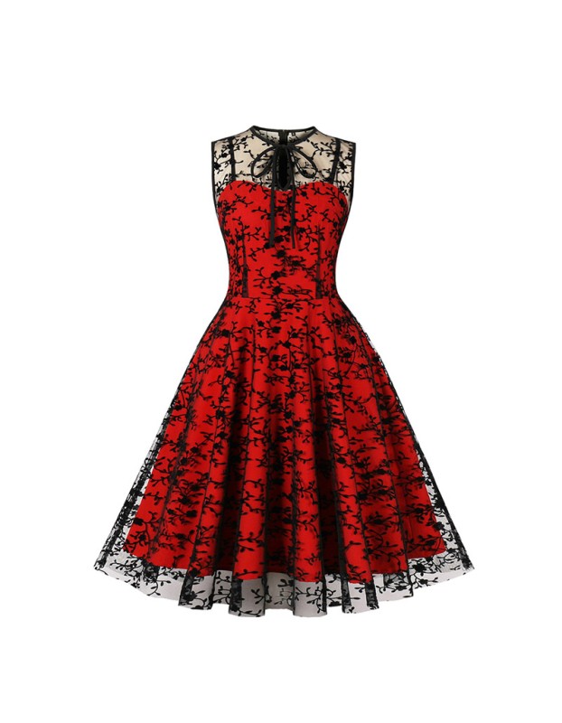 Women Gauze Embroidery Waist Sleeveless Lolita Court Swing Midlength Dress 5122