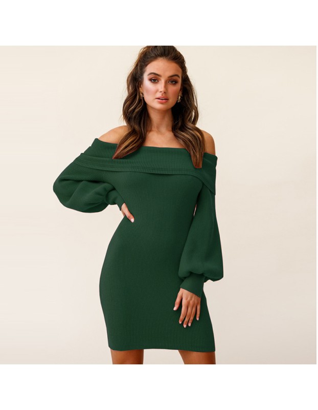 Sexy Bag Hip Black Strapless Lantern Long Sleeve Mini Ribbed Dress LQ171