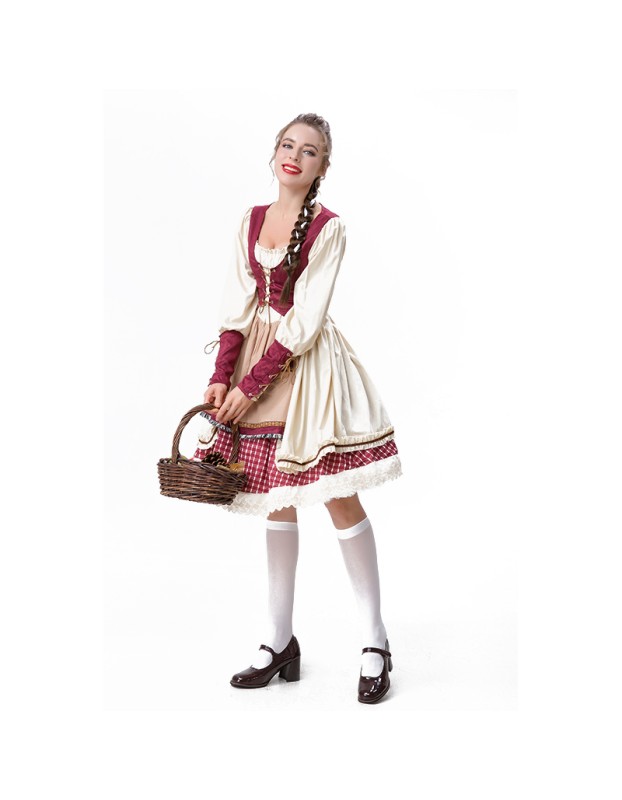 Halloween Maid  Adult Red Plaid Dress Cosplay Red Cape Play Costume YM8735