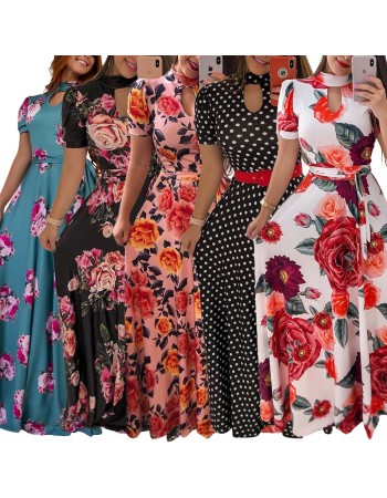 Casual Short Sleeve Long Boho Floral Print Maxi Dress M8410