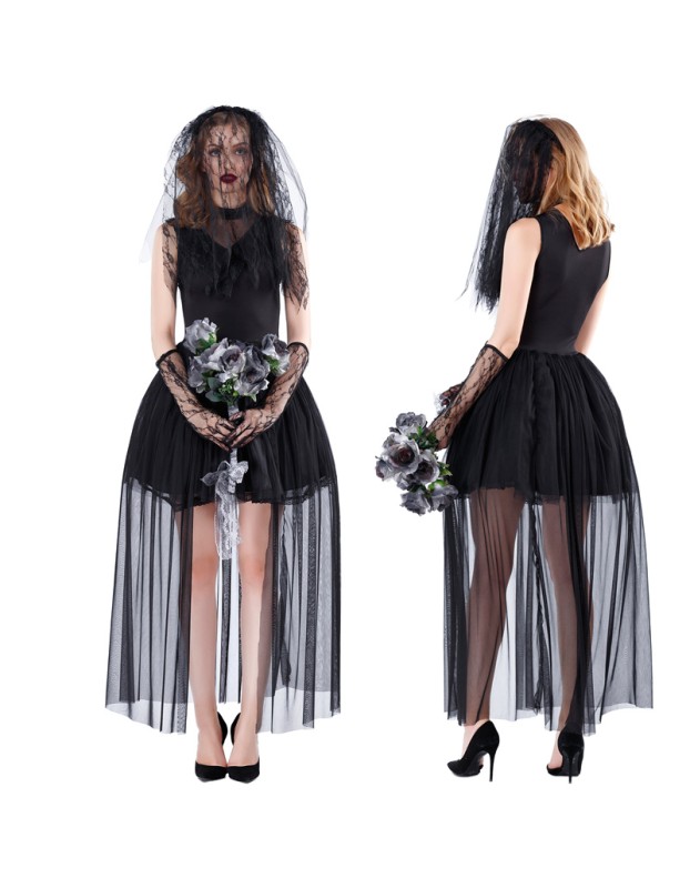 Black Lace Corpse Ghost Bride Fancy Outfit m40686