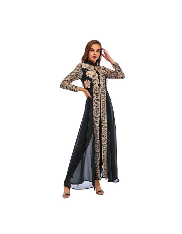 Chiffon Small Stand Collar Lace Long Sleeved Two Piece Suit Floral Print Dress 0952
