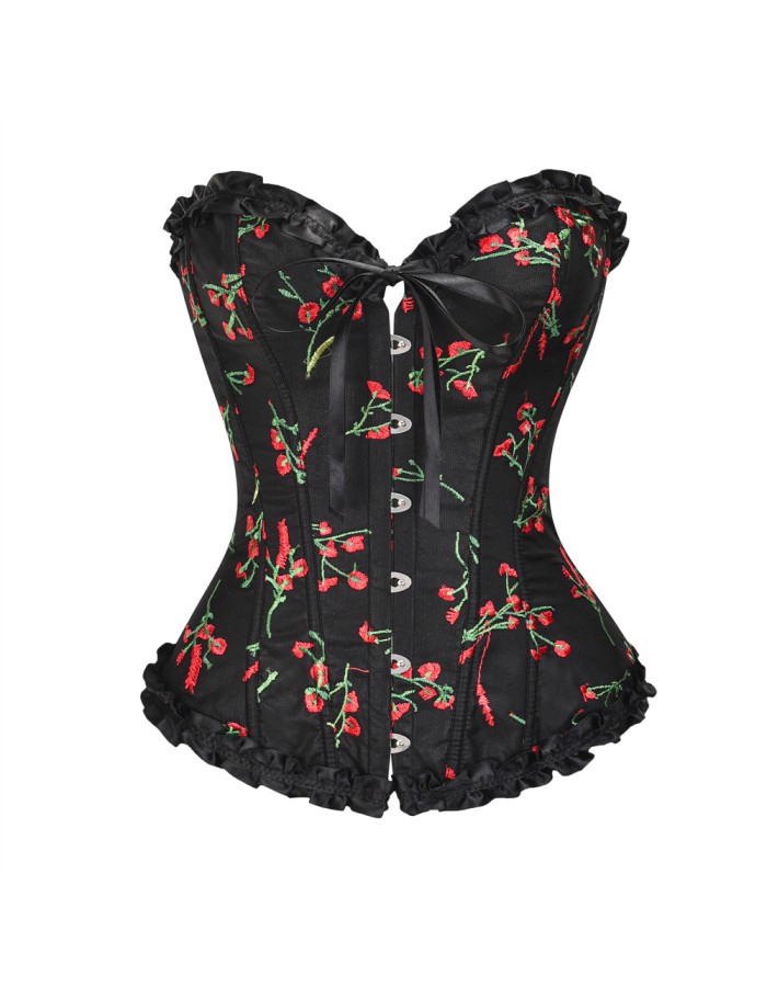 Vintage Lace Up Boned Overbust Waist Trainer Floral Embroidery Corset M22019