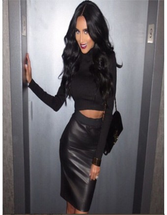 Newest Black Long Sleeve Midi Dress M2335