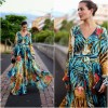 Summer long sleeve V-neck green leaf print maxi dress M8389