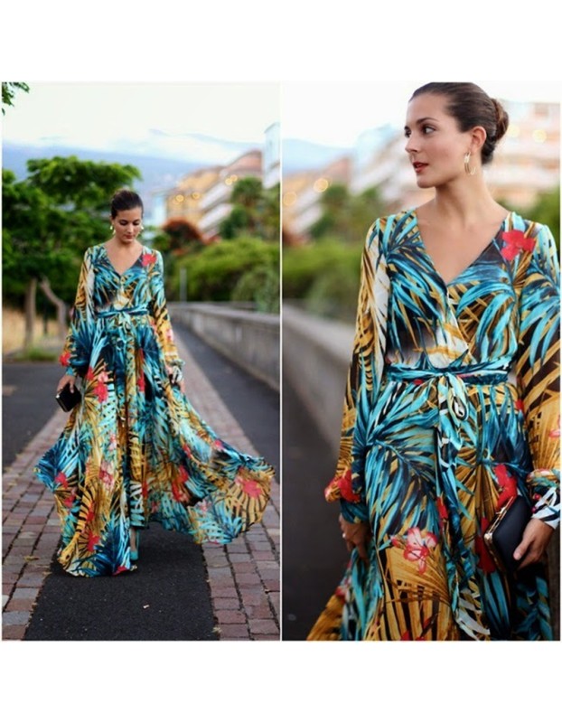 Summer long sleeve V-neck green leaf print maxi dress M8389