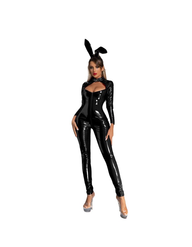 Sexy Open Crotch Women Patent Leather Bright Jumpsuit Sex Uniform 68039