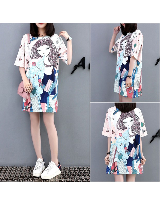 Casual Loose Cartoon Printed T Shirt Dress M8369
