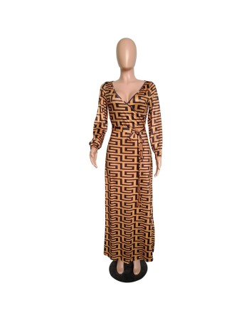 Printed deep v neck long sleeve maxi dress M8300