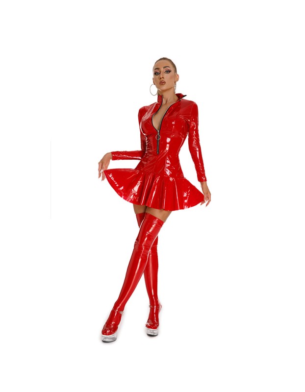 Long Sleeve Shiny Patent Leather Stage Nightclub One Piece Sexy Tight Leather Dress XX6391