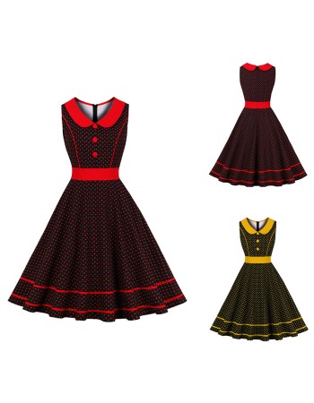 New Sstyle Women Lapel Polka Dot Color Contrast Vintage Swing Dress 3291