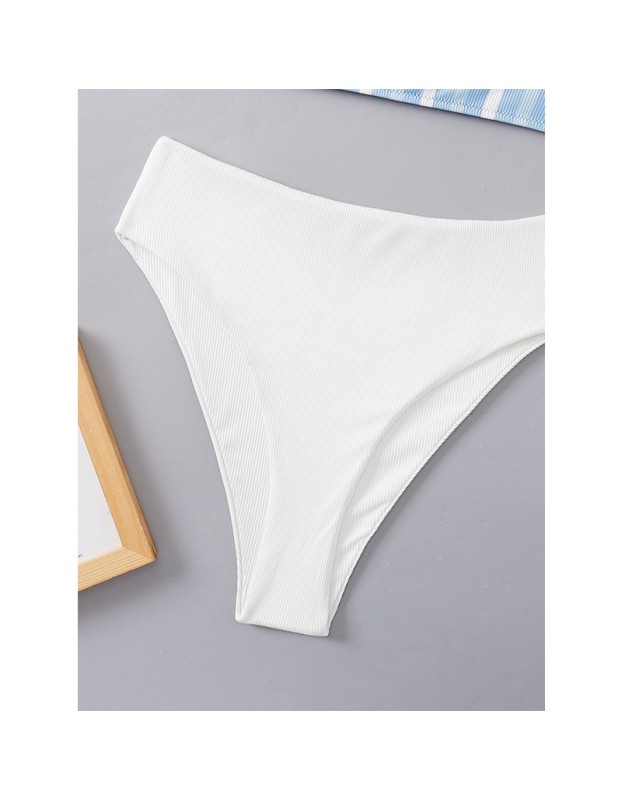 Women Blue White Wtriped Bikini Split Body Strap Swimsuit A2208