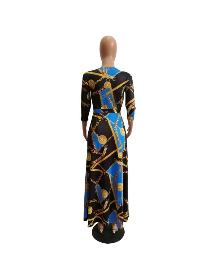Women V-Neck Half Sleeves Chain Print Maxi Dress M8349