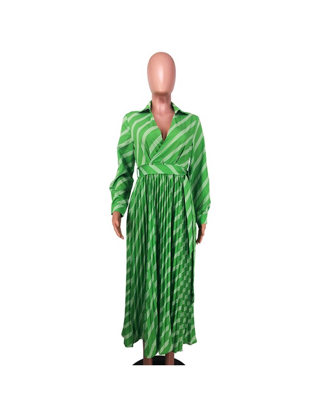 Sexy Women's V-neck Long Sleeve Exquisite Printed Pleated Dress YM8632
