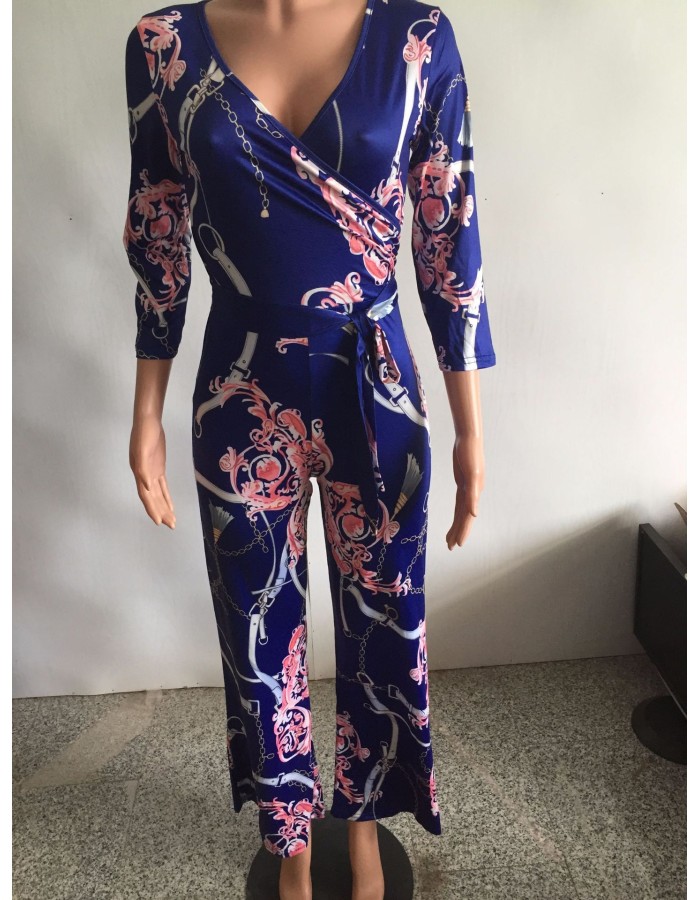 Women fashion three-quarter sleeve sexy v neck print jumpsuit M8228