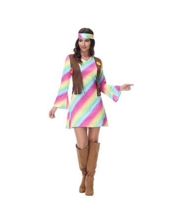 Sexy Halloween Gradient Striped Skirt Long Sleeve Cosplay Indian Dress Costume MS1781