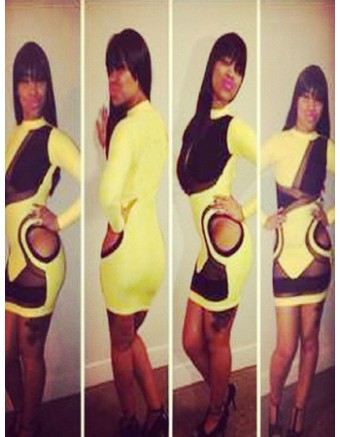 Yellow Long Sleeves Bandage Mini Bodycon Dress M3823