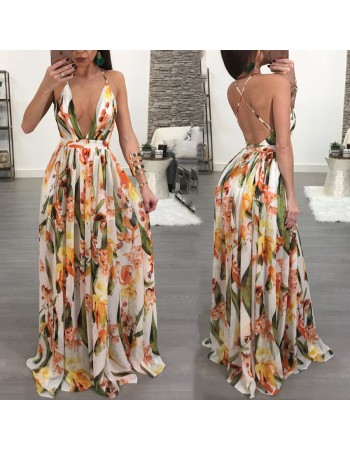 Fashion Ladies Summer Print Floral Boho V Neck Beach Casual Maxi Dresses Long M8212
