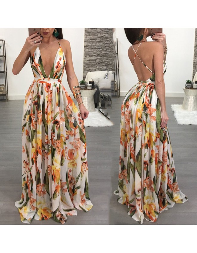 Fashion Ladies Summer Print Floral Boho V Neck Beach Casual Maxi Dresses Long M8212