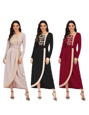 Long Skirt Floral Casual Summer With Belt Dinner Gown Evening Dresses Ladies 21413