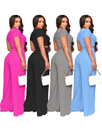 Fashion Crop Solid Color Wide Leg Pants Two Sets 9411