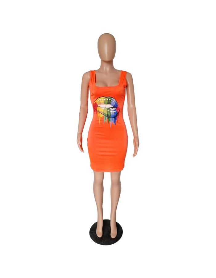 Lips Printed T-Shirt Basic Vest Dress m8441