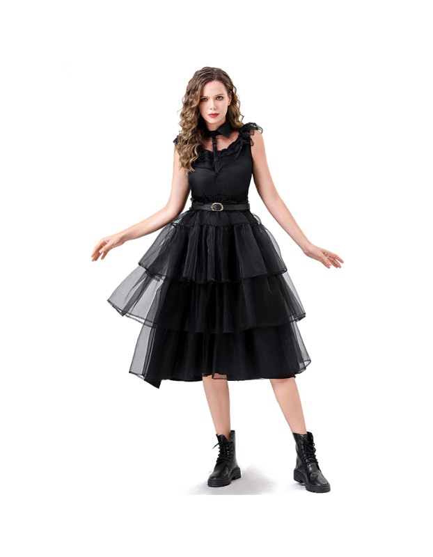 Adams Costume Black Tulle Dress Wednesday Halloween Ethos Witch Vampire Show Costume YM079