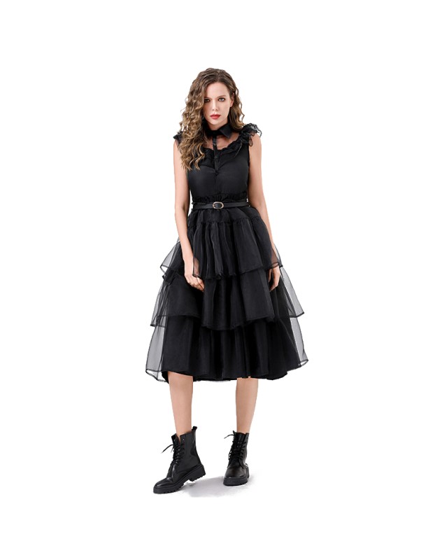 Adams Costume Black Tulle Dress Wednesday Halloween Ethos Witch Vampire Show Costume YM079