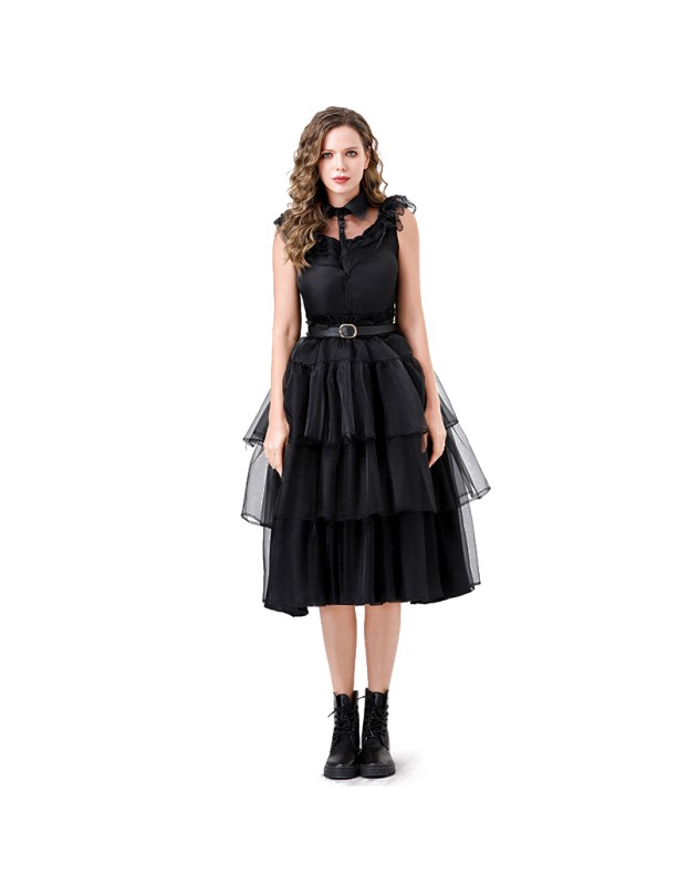 Adams Costume Black Tulle Dress Wednesday Halloween Ethos Witch Vampire Show Costume YM079