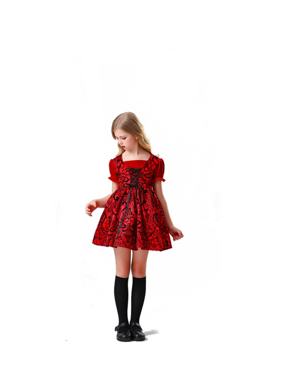 Children's Halloween Red Dress Medieval Little Red Ridding Hood Cosplay Girl Costume YM8751