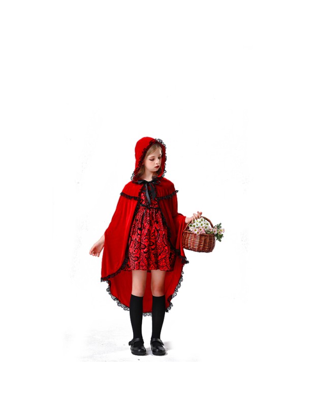Children's Halloween Red Dress Medieval Little Red Ridding Hood Cosplay Girl Costume YM8751